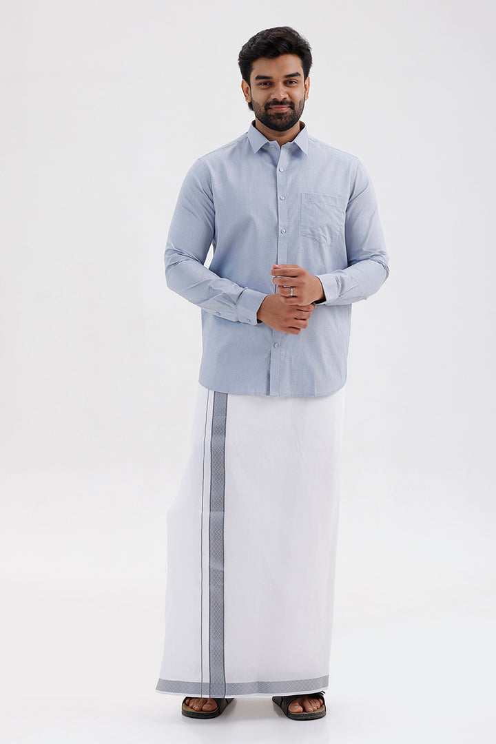 Pixel Grand Silver Gray Shirt and Jacquard Fancy Border Dhoti Set for Men