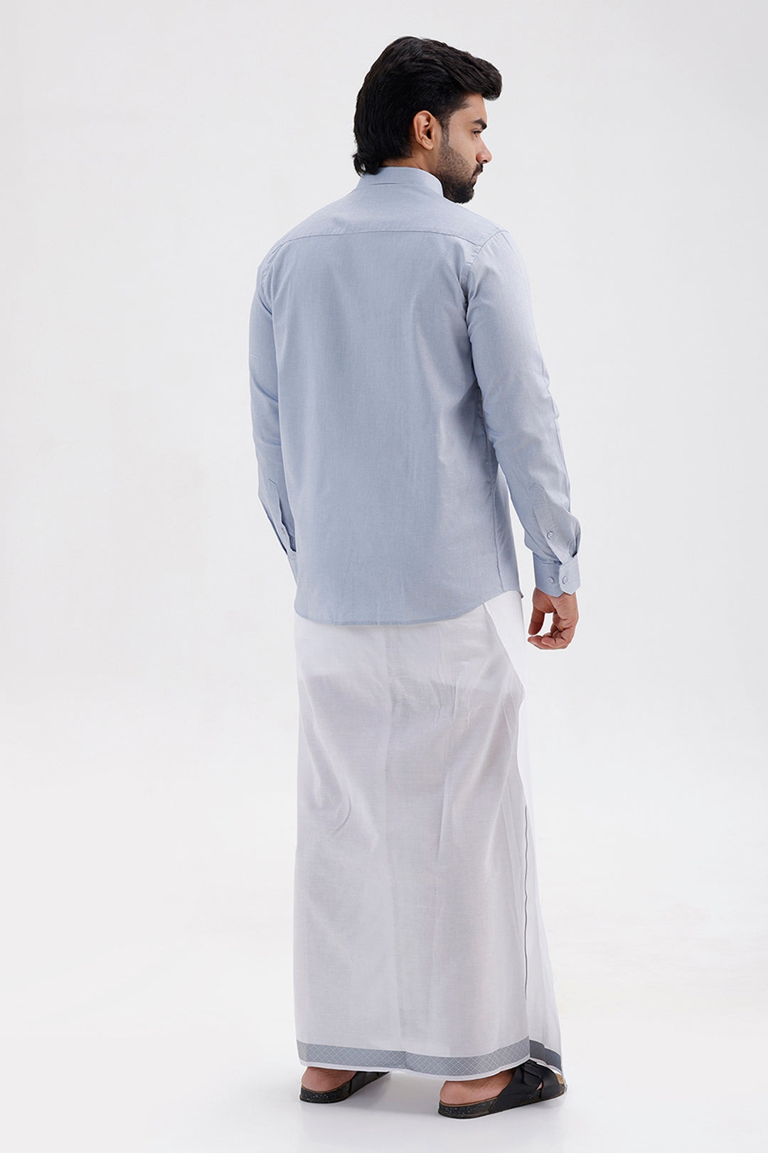 Men's Silver Gray Single Layered Jacquard Fancy Border Dhoti Set with Shirt