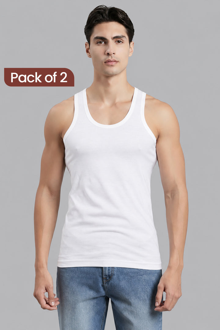 A man modeling a white sleeveless Vest top against a plain gray background, with a brown label in the top-left corner reading 'Pack of 2'.