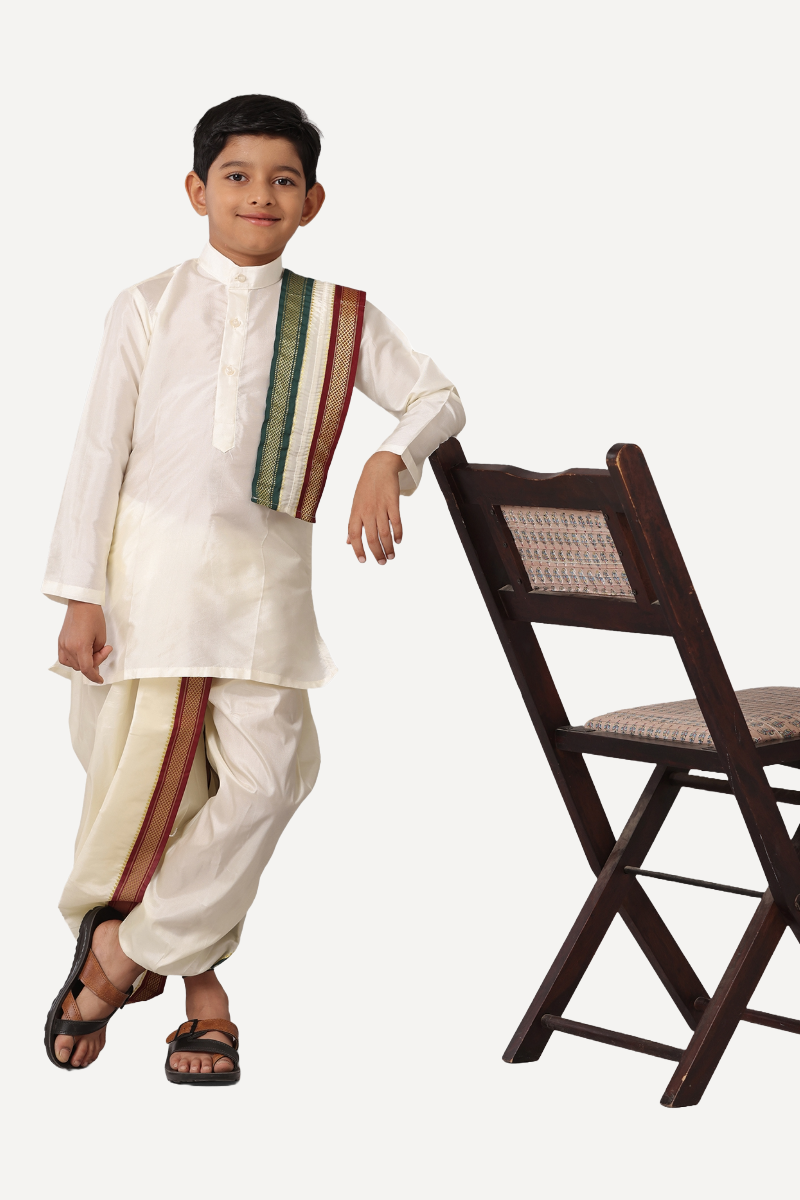 UATHAYAM Ideal Kids Kurta + Panchakacham Silk Cream Pet 3 In 1 Set
