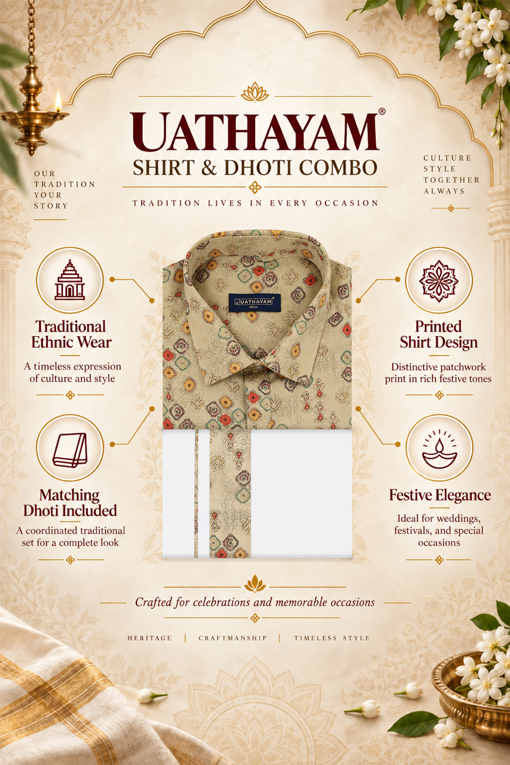 Beige Printed Shirt Dhoti