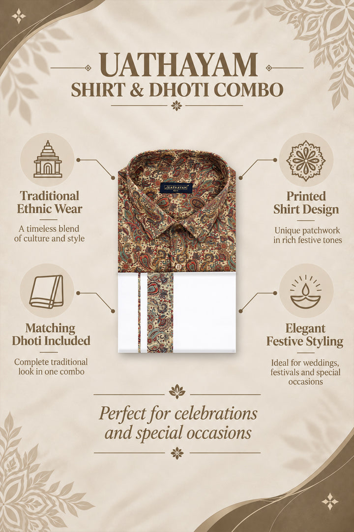 Ivory Beige Printed Shirt Dhoti