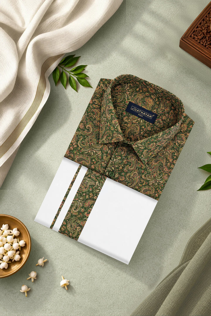 Forest Green Printed Shirt Dhoti