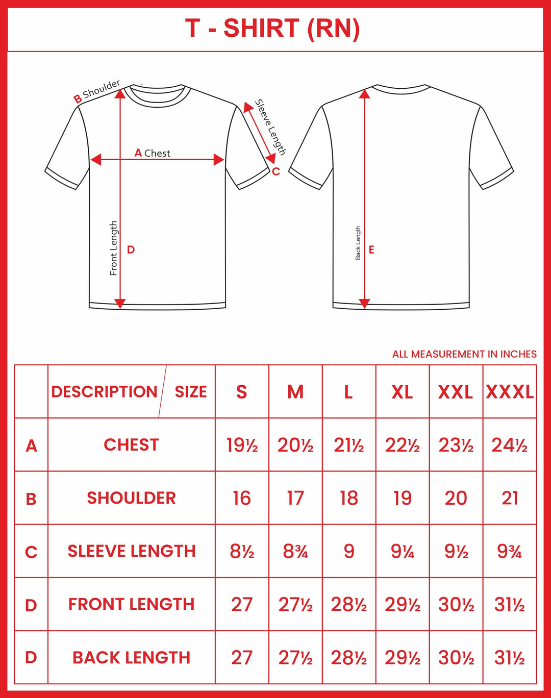 Round Neck T Shirt Size Guide