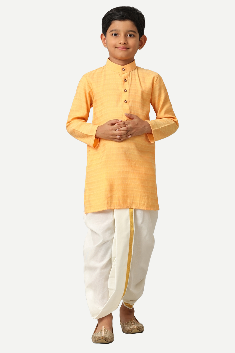 UATHAYAM Poly Slub Shining Star Full Sleeve Solid Regular Fit Kurta & Panchakacham 2 In 1 Set For Kids (Light Orange)