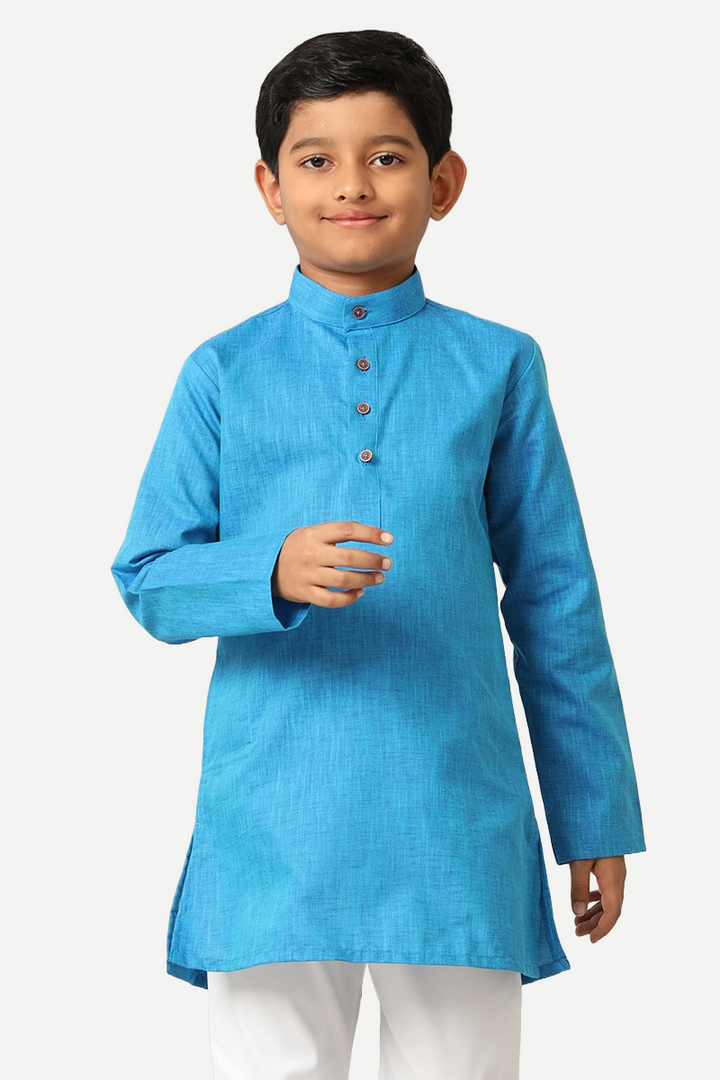 UATHAYAM Exotic Cotton Rich Full Sleeve Solid Regular Fit Kids Kurta + Pyjama 2 In 1 Set (Sea Blue)