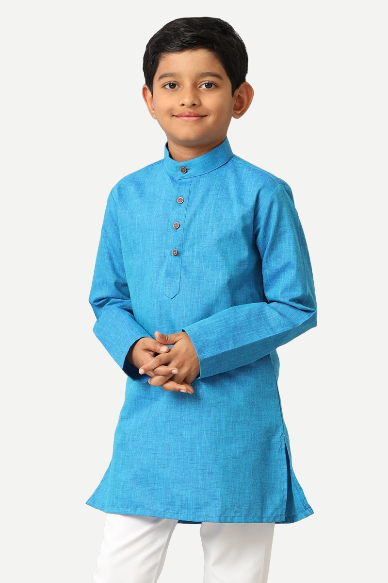 UATHAYAM Exotic Kurta Cotton Rich Full Sleeve Solid Regular Fit For Kids (Sea Blue)
