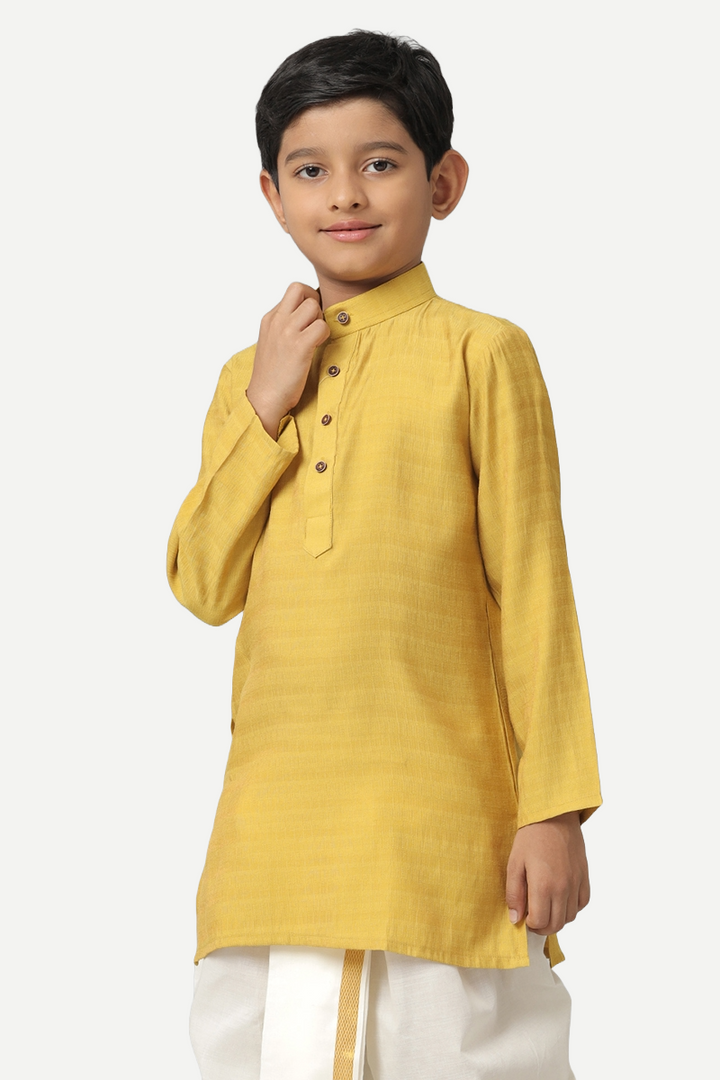 UATHAYAM Poly Slub Shining Star Full Sleeve Solid Regular Fit Kurta & Panchakacham 2 In 1 Set For Kids (Mustard Yellow)