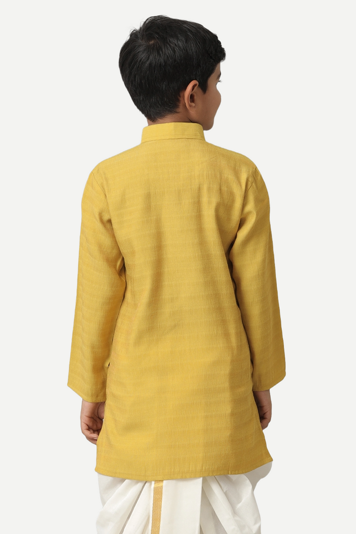 UATHAYAM Poly Slub Shining Star Full Sleeve Solid Regular Fit Kurta & Panchakacham 2 In 1 Set For Kids (Mustard Yellow)