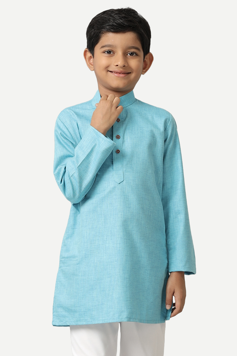 UATHAYAM Exotic Cotton Rich Full Sleeve Solid Regular Fit Kids Kurta + Pyjama 2 In 1 Set (Sky Blue)