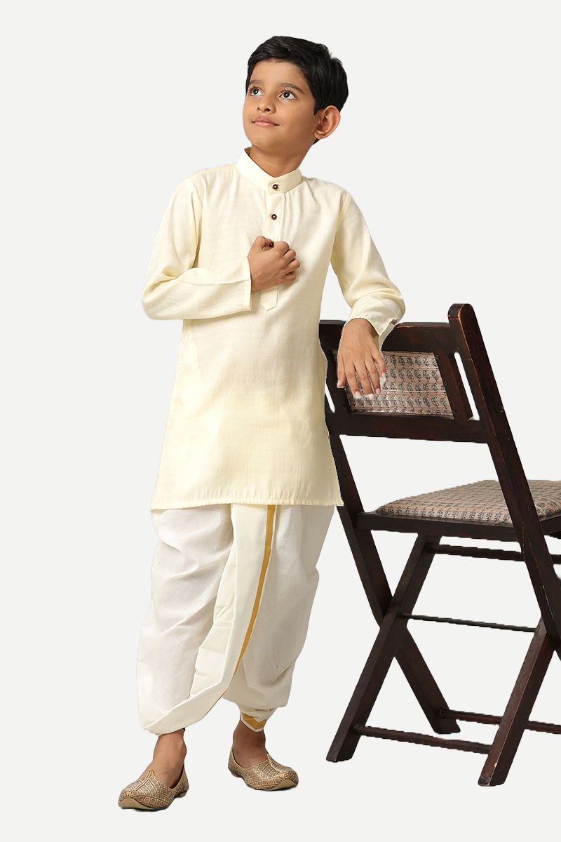 UATHAYAM Poly Slub Shining Star Full Sleeve Solid Regular Fit Kurta & Panchakacham 2 In 1 Set For Kids (Cream White)