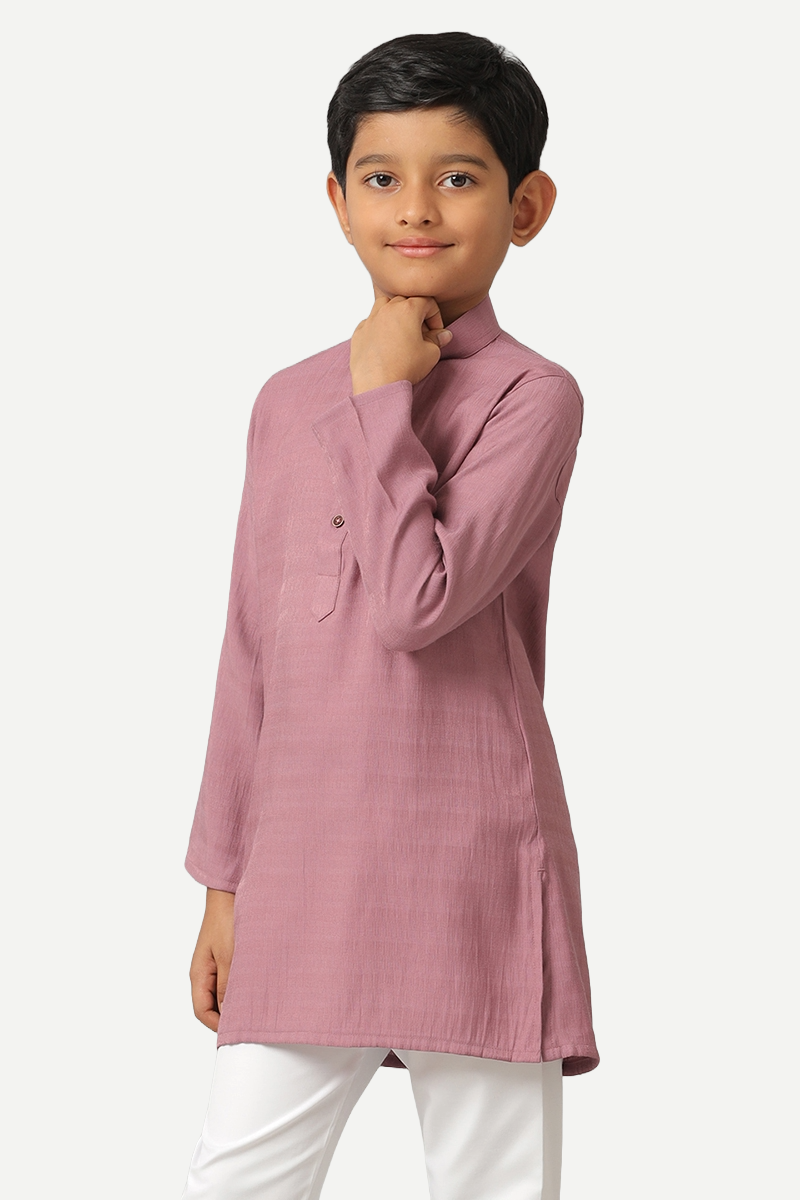 UATHAYAM Poly Slub Shining Star Full Sleeve Solid Regular Fit Kurta & Pyjama 2 In 1 Set For Kids (Dusty Pink)
