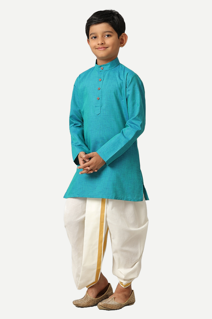 UATHAYAM Exotic Cotton Rich Full Sleeve Solid Regular Fit Kids Kurta + Panchakacham 2 In 1 Set (Aqua Blue)