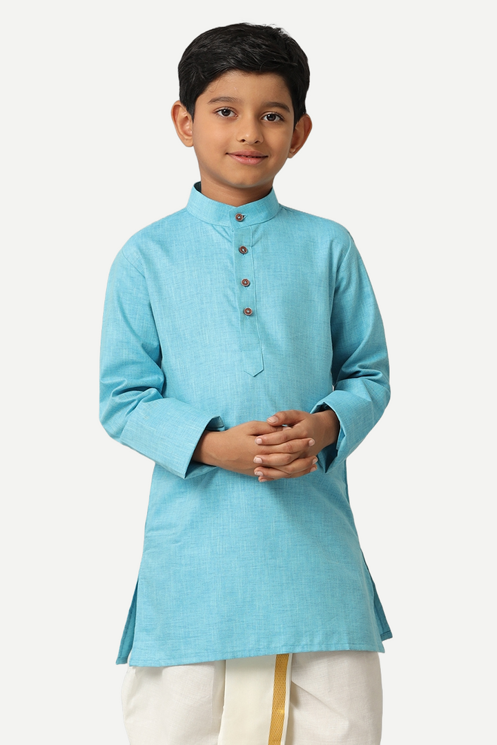 UATHAYAM Exotic Cotton Rich Full Sleeve Solid Regular Fit Kids Kurta + Panchakacham 2 In 1 Set (Sky Blue)