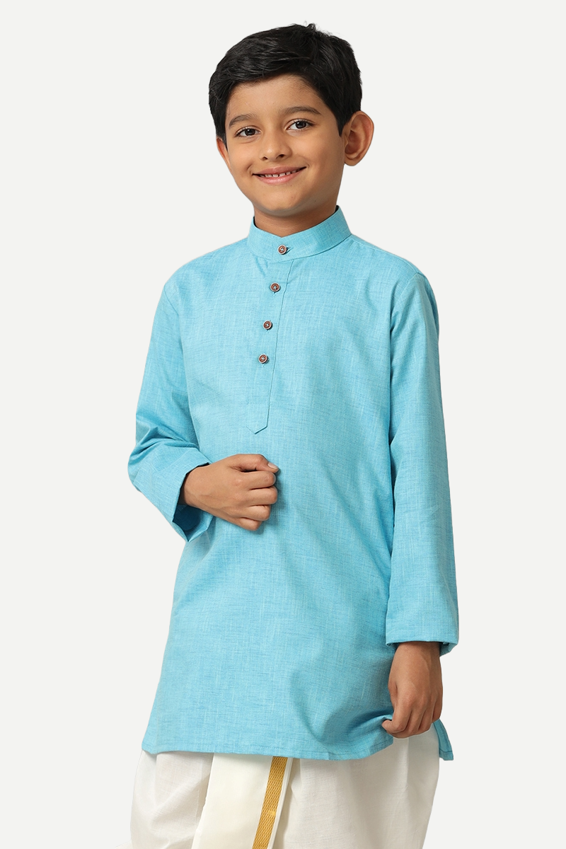 UATHAYAM Exotic Cotton Rich Full Sleeve Solid Regular Fit Kids Kurta + Panchakacham 2 In 1 Set (Sky Blue)