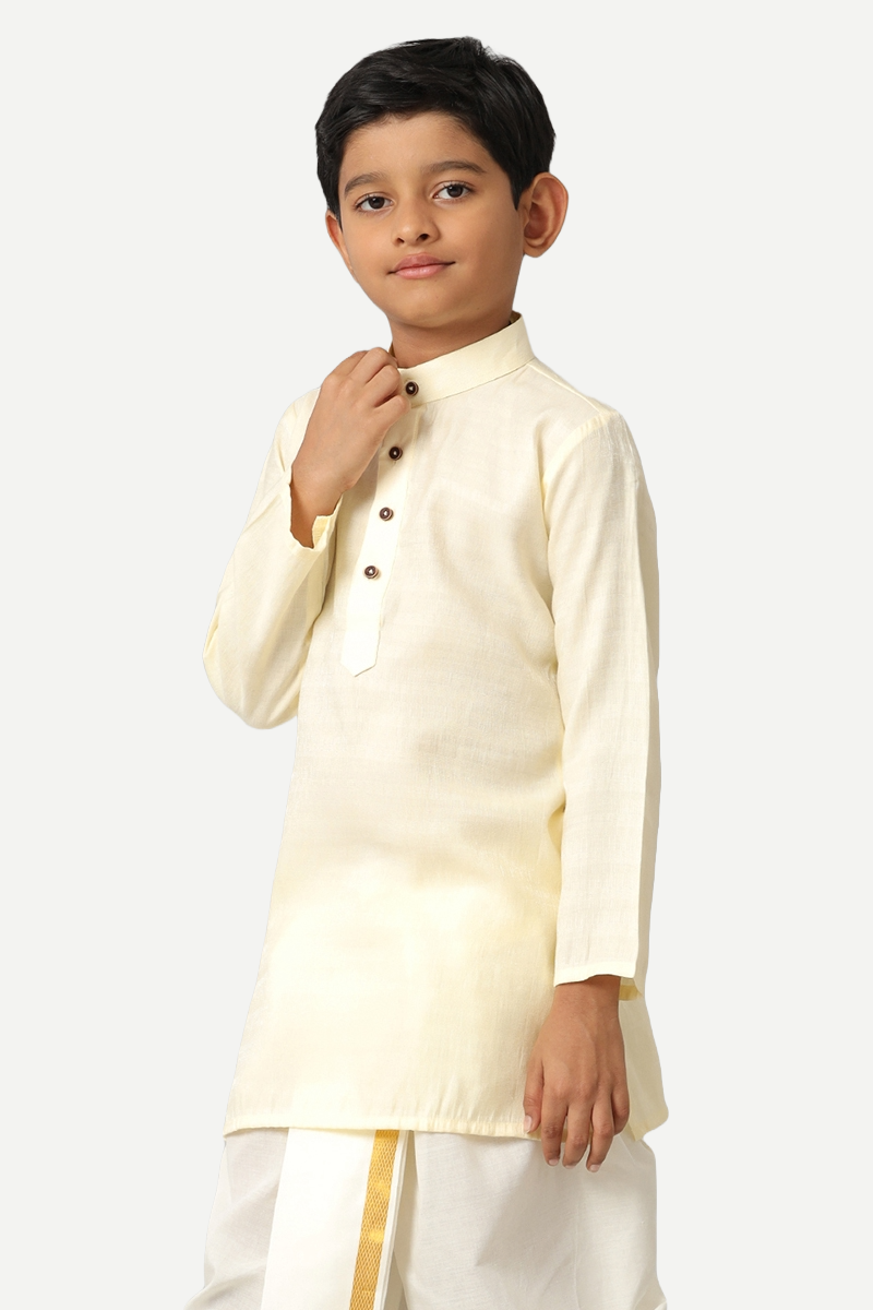 UATHAYAM Poly Slub Shining Star Full Sleeve Solid Regular Fit Kurta & Panchakacham 2 In 1 Set For Kids (Cream White)