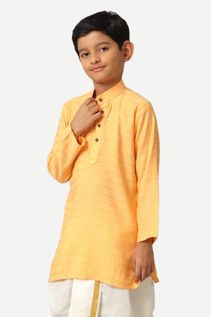 UATHAYAM Poly Slub Shining Star Full Sleeve Solid Regular Fit Kurta & Panchakacham 2 In 1 Set For Kids (Light Orange)
