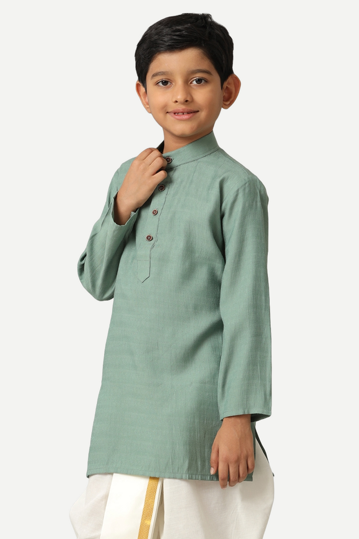 UATHAYAM Poly Slub Shining Star Full Sleeve Solid Regular Fit Kurta & Panchakacham 2 In 1 Set For Kids (Greyish Green)