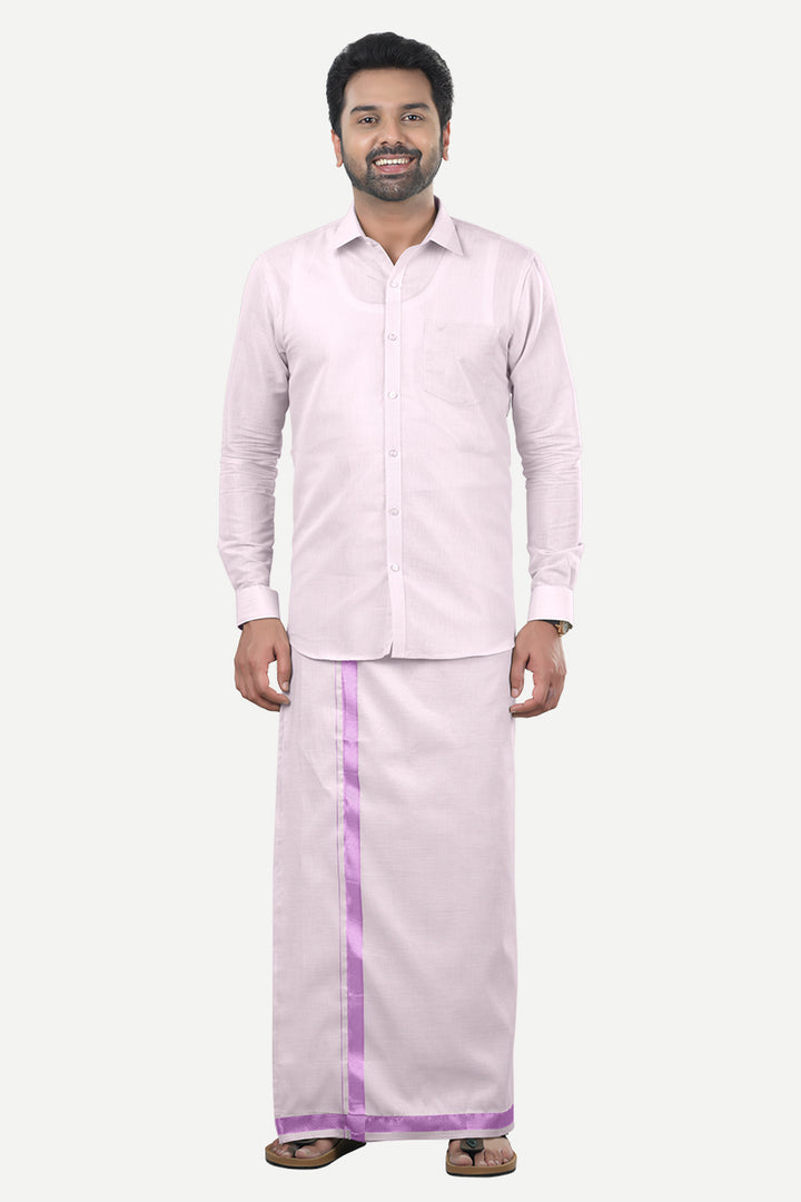 Vaibhav - Rose Pink Shirt and Jari Single Dhoti Tissue Set 2 In 1 For Men | Uathayam