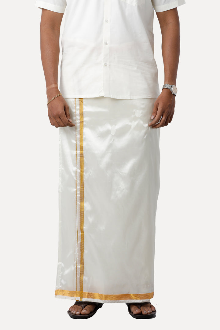 UATHAYAM White Fixit Silk Pocket douple Dhoti For Men