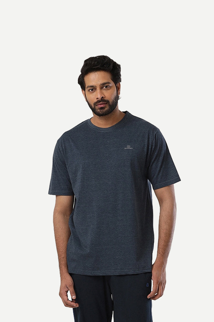 Round Neck - Navy Melange Solid T-Shirt For Men | Ariser