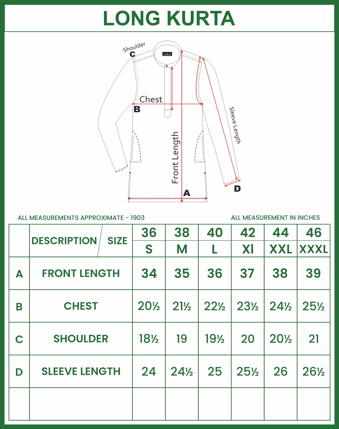long kurta size chart