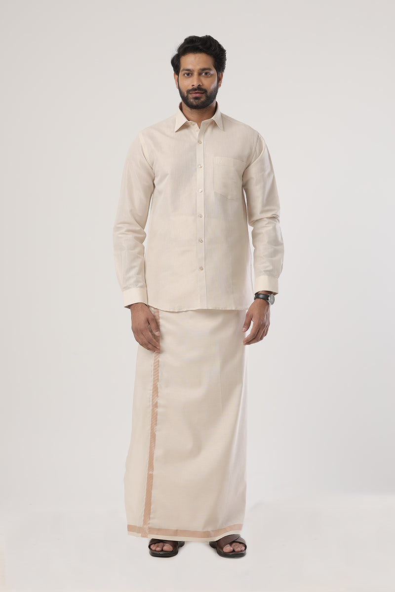 Vaibhav - Almond Orange Shirt and Jari Single Dhoti Tissue Set 2 In 1 For Men | Uathayam