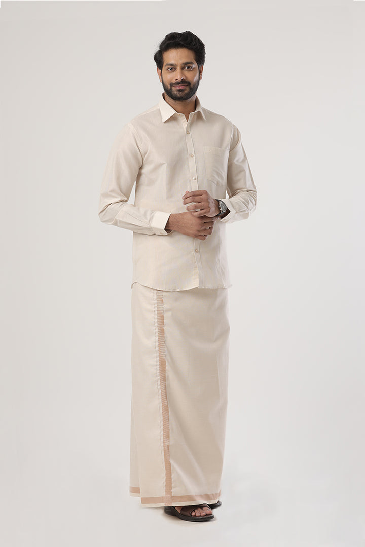 Vaibhav - Almond Orange Shirt and Jari Single Dhoti Tissue Set 2 In 1 For Men | Uathayam