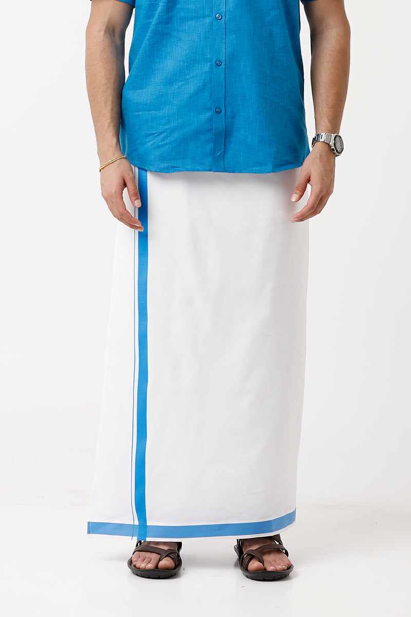 Uathayam Varna Ocean Blue Color Single Fancy Border Fixit Dhoti For Men - VA11020