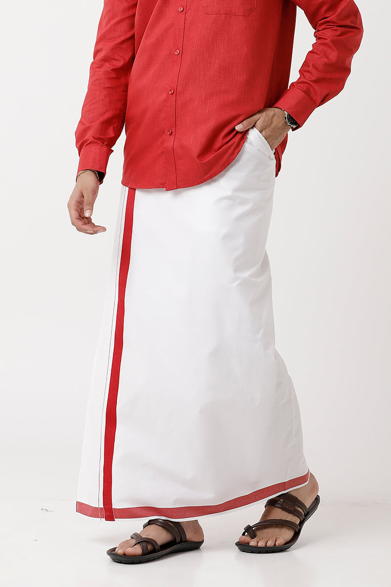 Uathayam Varna Cherry Red Color Single Fancy Border Fixit Dhoti For Men - VA11026