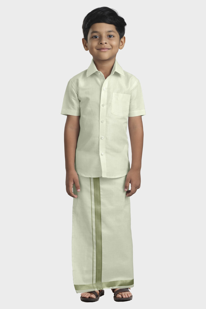 Vaibhav - Mehandi Green Tissue Shirt and Dhoti 2 in 1 Set For Kids | Uathayam