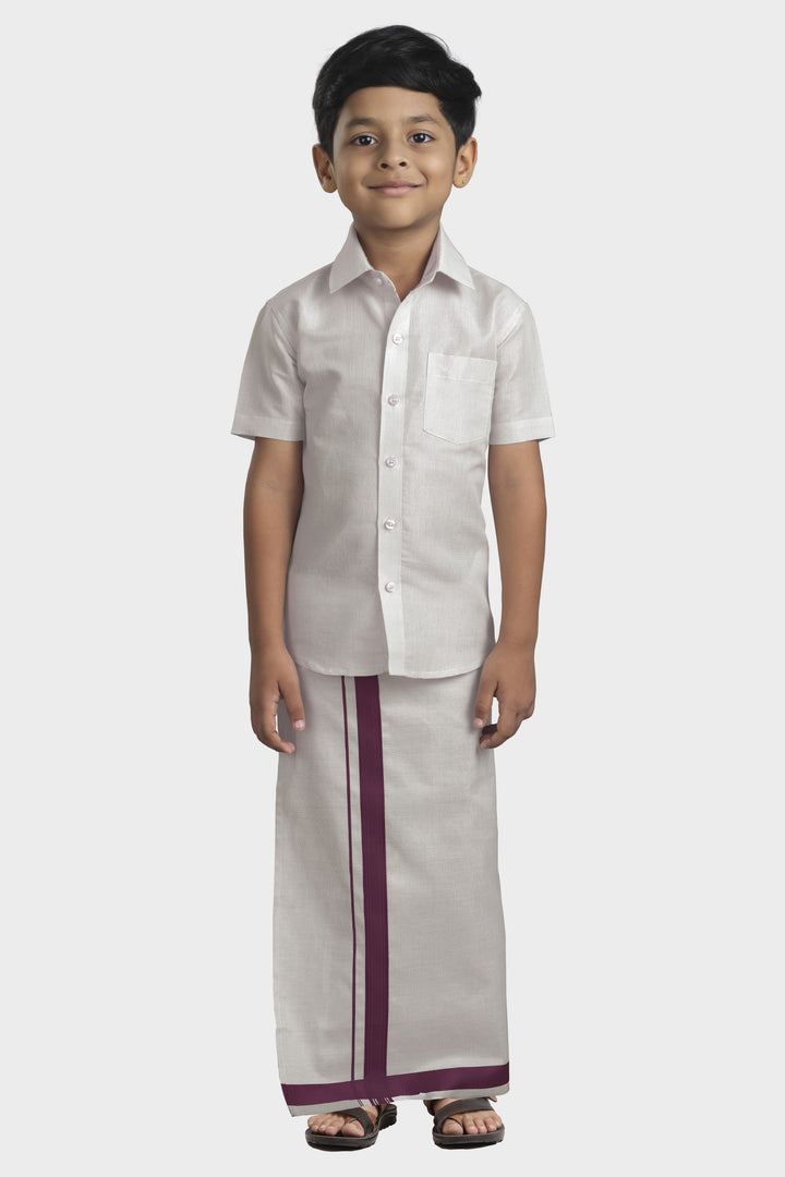 Vaibhav - Wine Tissue Shirt and Dhoti 2 in 1 Set For Kids | Uathayam