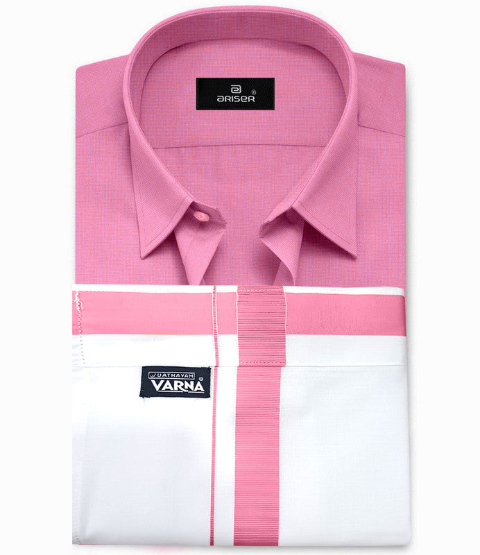 UATHAYAM Soft Pink Color Solid Cotton Shirt and Matching Fixit Pocket Dhoti For Men
