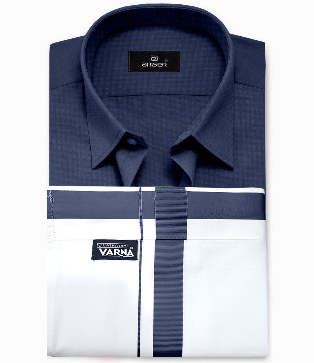 UATHAYAM Navy Blue Color Solid Cotton Shirt and Matching Fixit Pocket Dhoti For Men