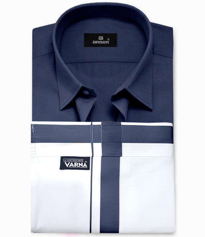 UATHAYAM Navy Blue Color Solid Cotton Shirt and Matching Fixit Pocket Dhoti For Men