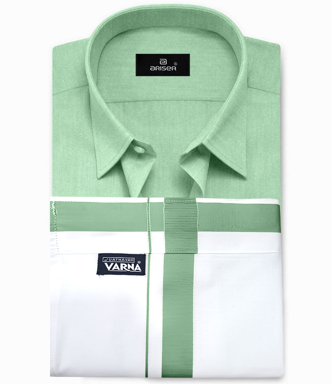 UATHAYAM Coral Green Color Solid Cotton Shirt and Matching Fixit Pocket Dhoti For Men