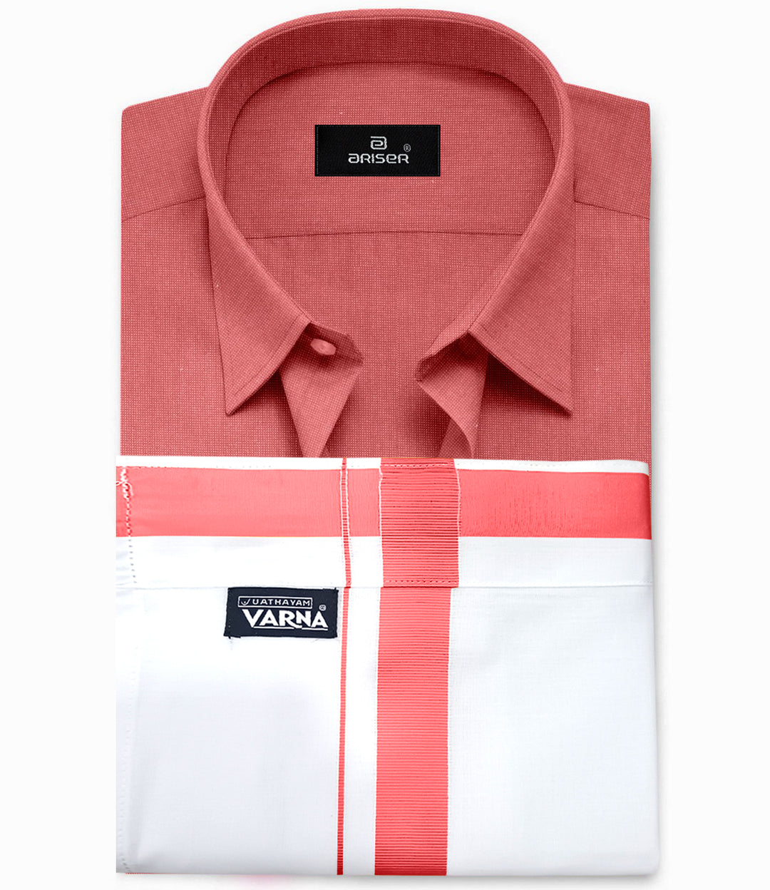UATHAYAM Peach Red Color Solid Cotton Shirt and Matching Fixit Pocket Dhoti For Men