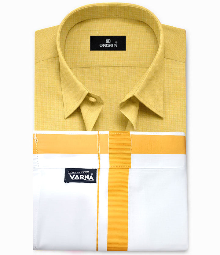 UATHAYAM Mustard Yellow Color Solid Cotton Shirt and Matching Fixit Pocket Dhoti For Men
