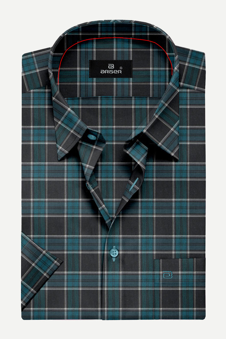 Vegas - Teal Blue With Black Checked Shirts For Mens | Ariser