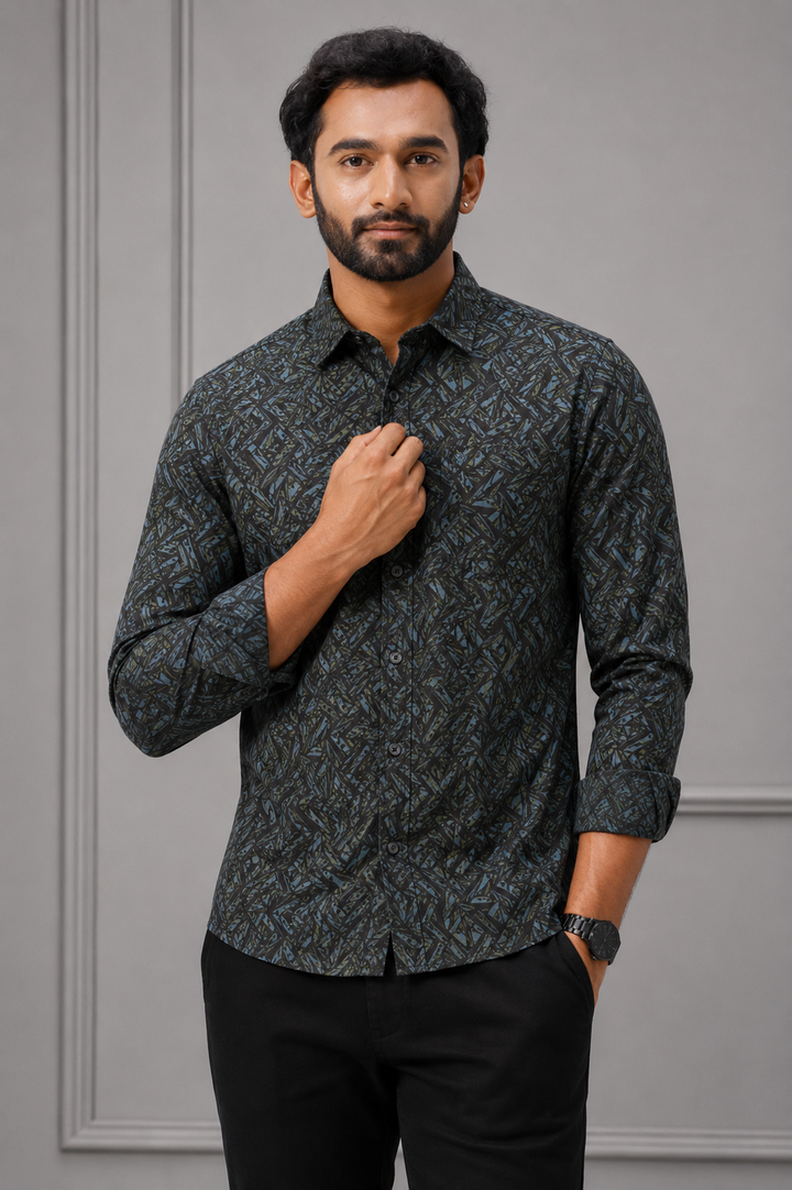 Dark Charcoal Grey Printed Shirts For Men 