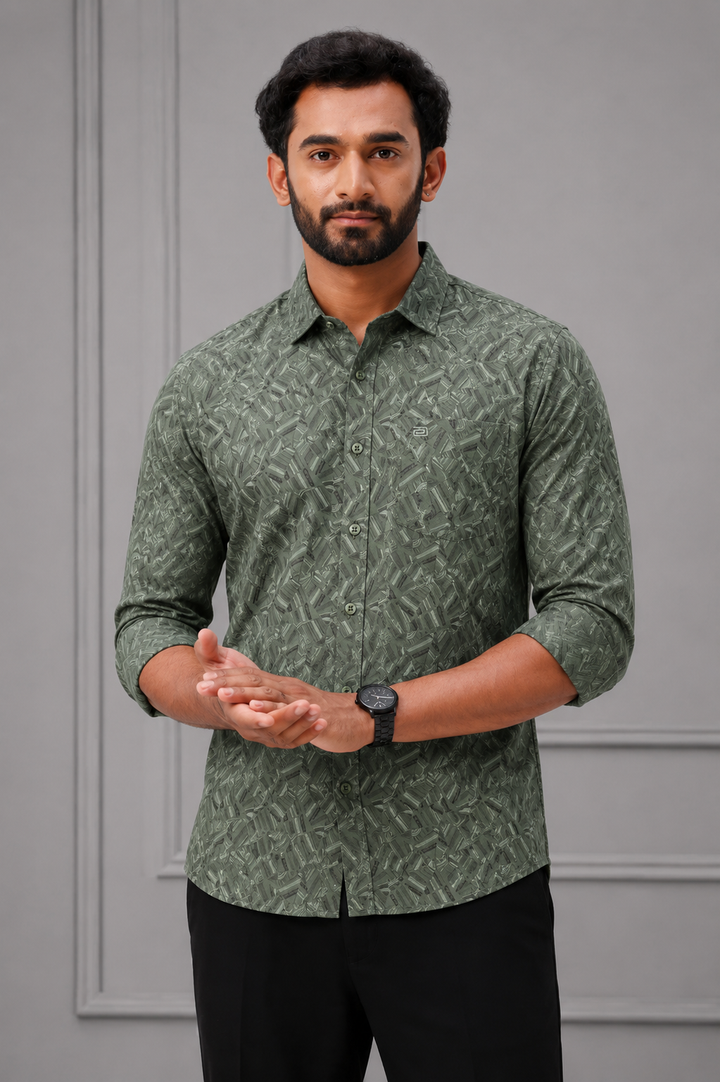 green patterned shirt