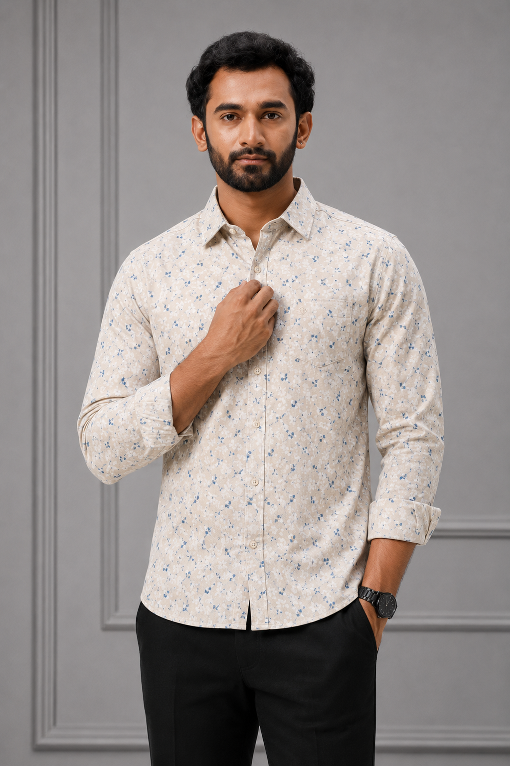 Floral patterned shirt on a gray background