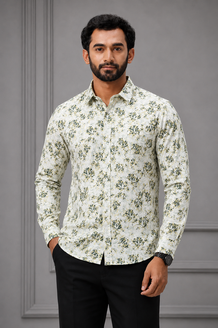 White Floral patterned shirt with a ariser brand label on a gray 