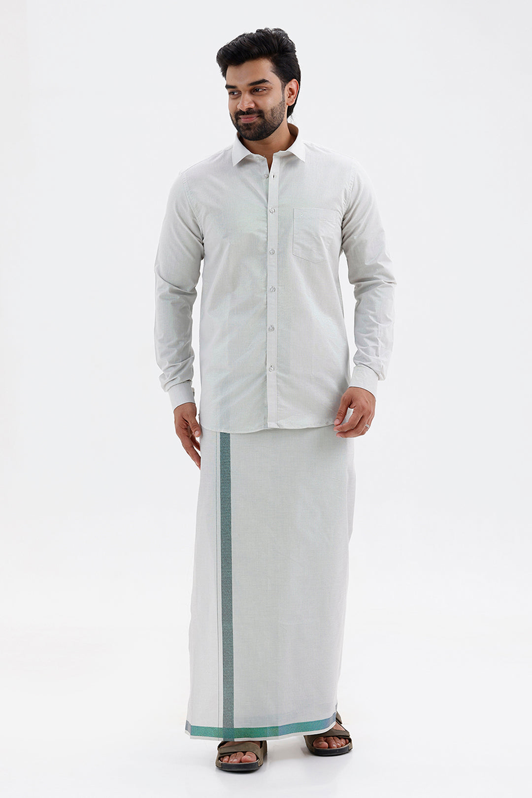 Vaibhav Spirit Shirt and Jari Single Dhoti Tissue Set 2 In 1 for Men by Uathayam