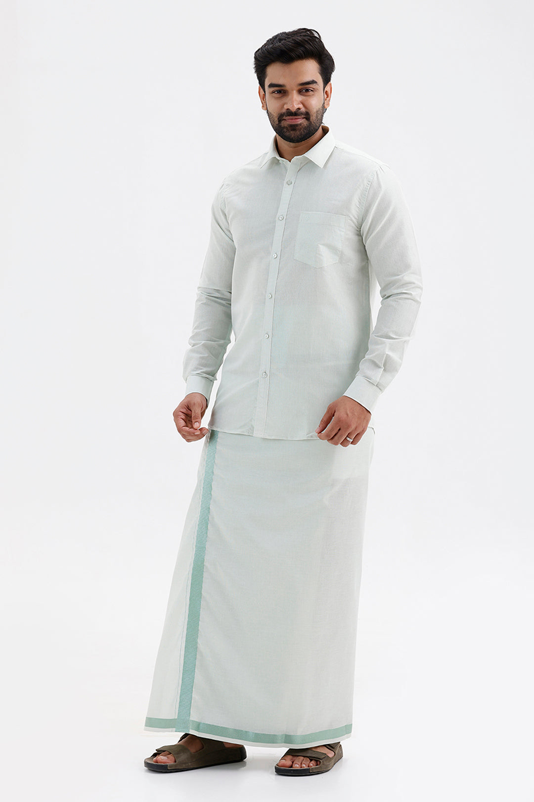 Vaibhav Mint Shirt and Jari Single Dhoti Veshti Set for Men