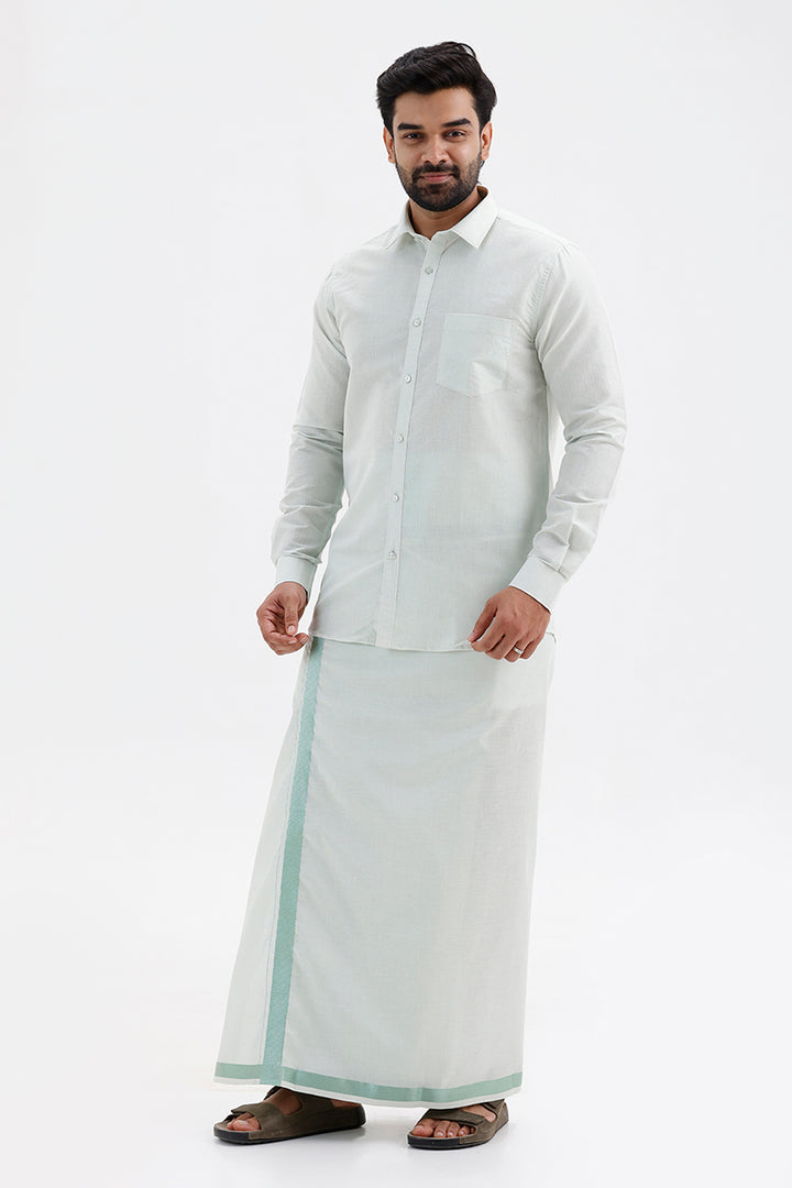 Vaibhav Mint Shirt and Jari Single Dhoti Veshti Set for Men