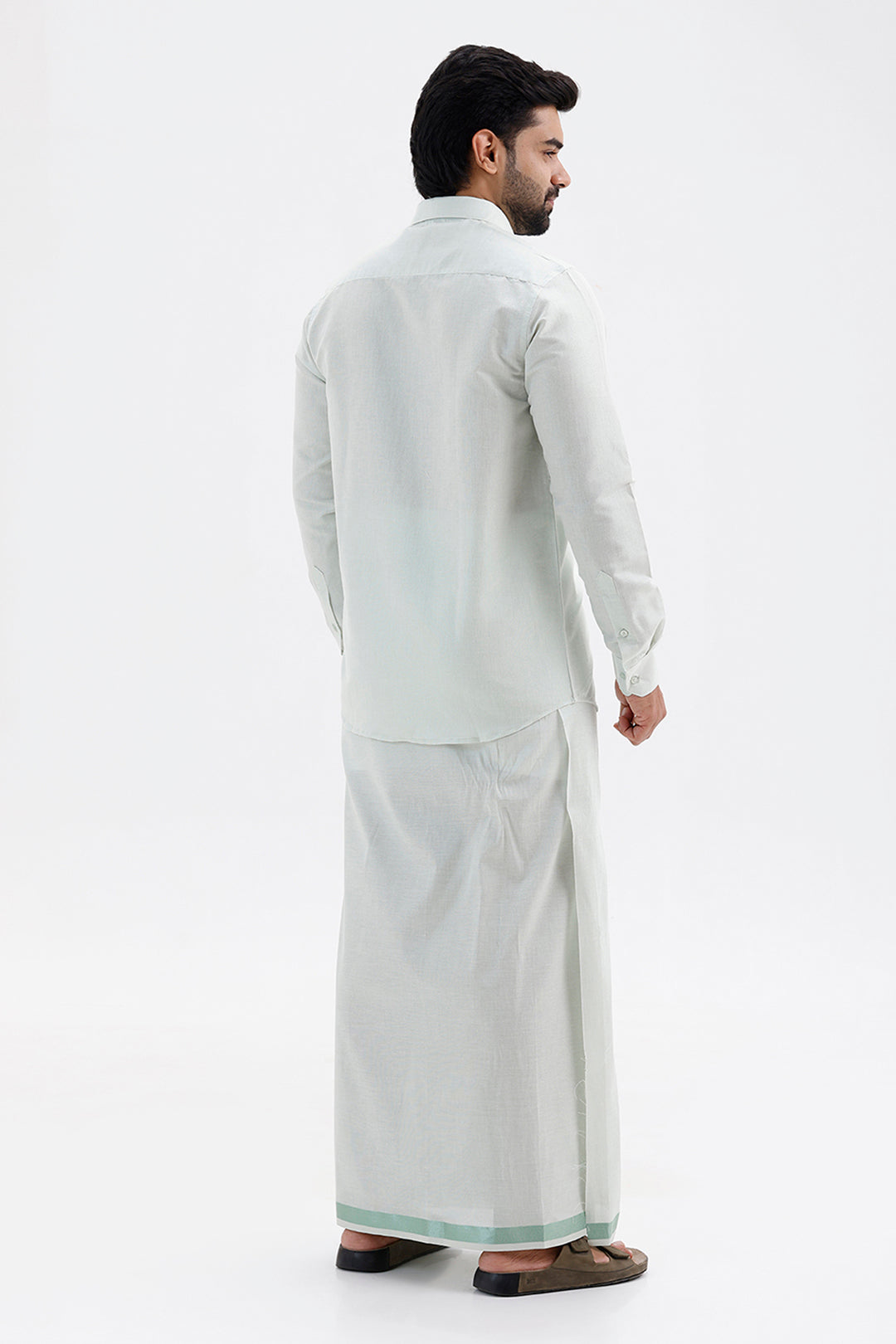 Men's Jari Single Dhoti Tissue Set with Mint Shirt