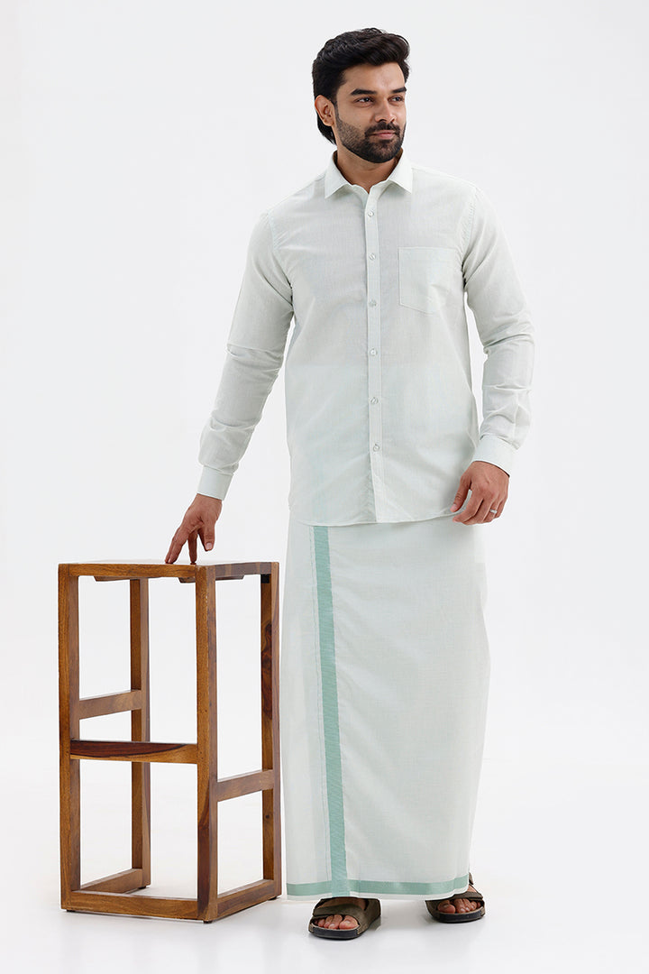 Men's Vaibhav Mint Shirt and Jari Single Dhoti Tissue Set