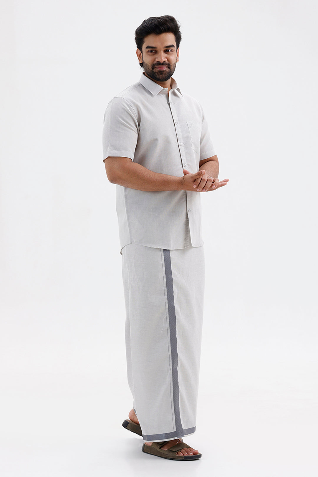 Steel Grey Shirt with Jari Single Dhoti Tissue Set for Men