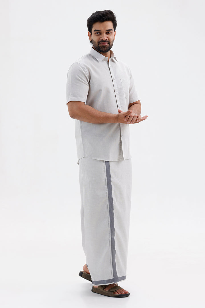 Steel Grey Shirt with Jari Single Dhoti Tissue Set for Men